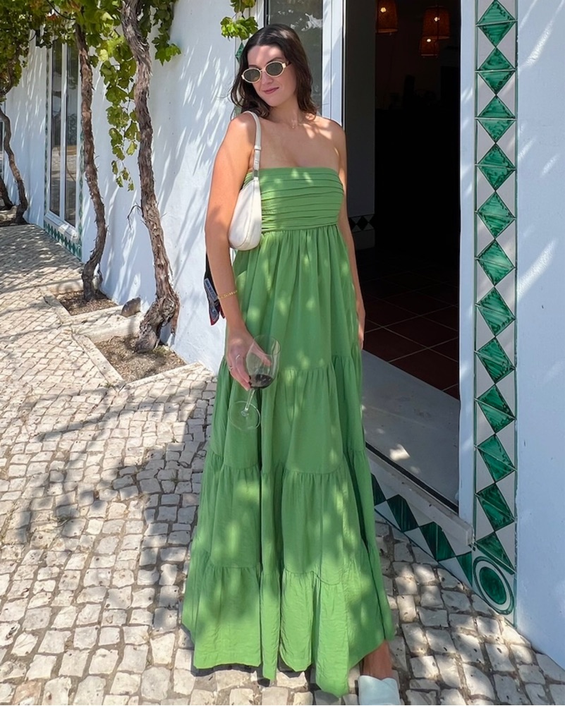 green gauze dress Lainey Ann gold ankle strap dress sandals Jumpsuits Floor Length Flower weather wardrobe with our Size:made-to-measure