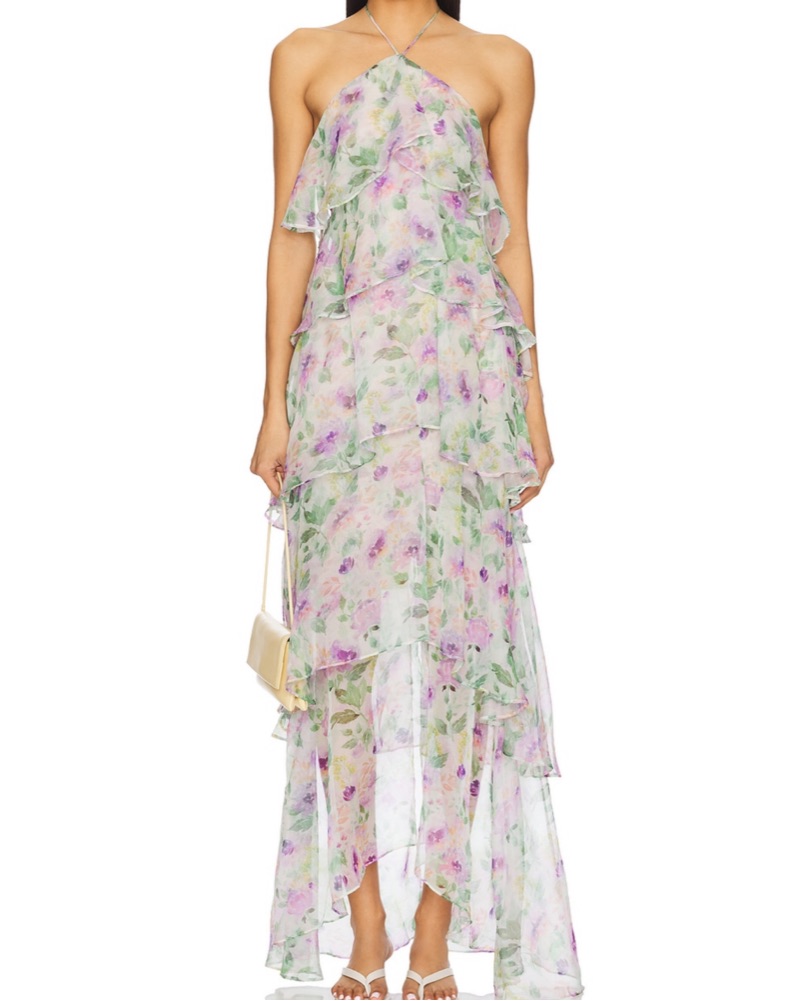 Floral Ruffle Tiered Halter Maxi Dress by Revolve - Pickle