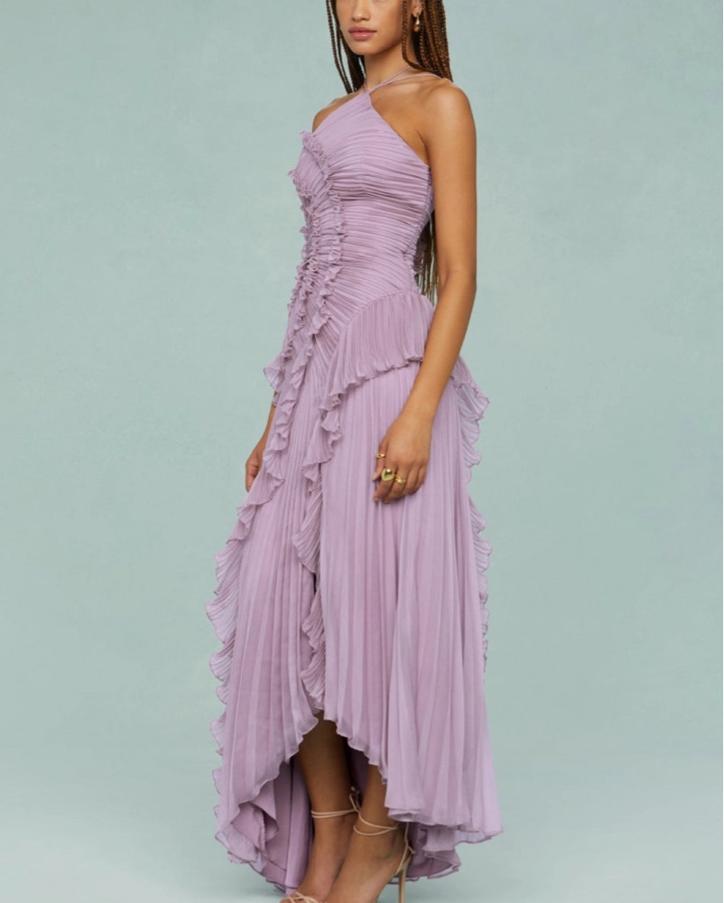 Pleated Frill Halter Maxi Dress Venisse by Venisse Boutique - Pickle