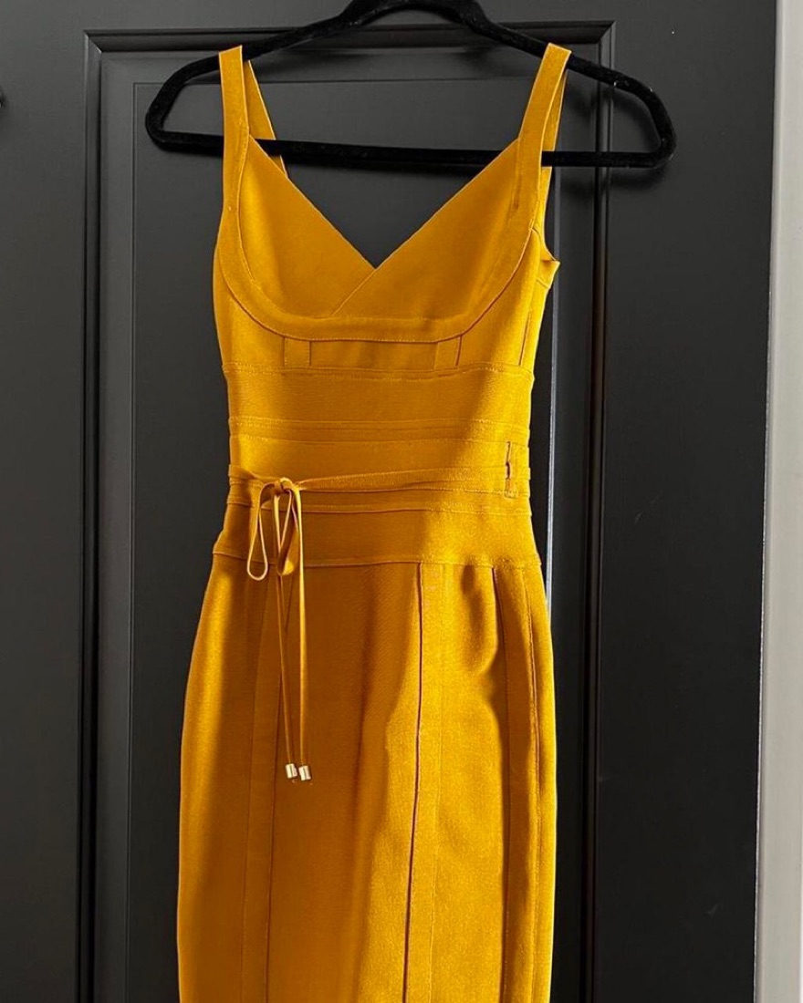 mustard yellow bandage dress Bek Bandage Dress