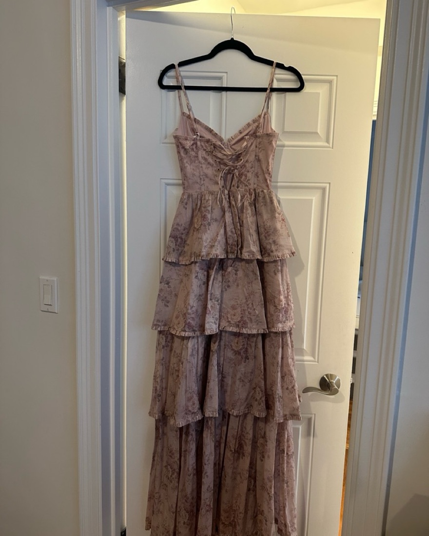 caterina dress in pink rose print v chapman V. Chapman Caterina Corset Ruffle Dress