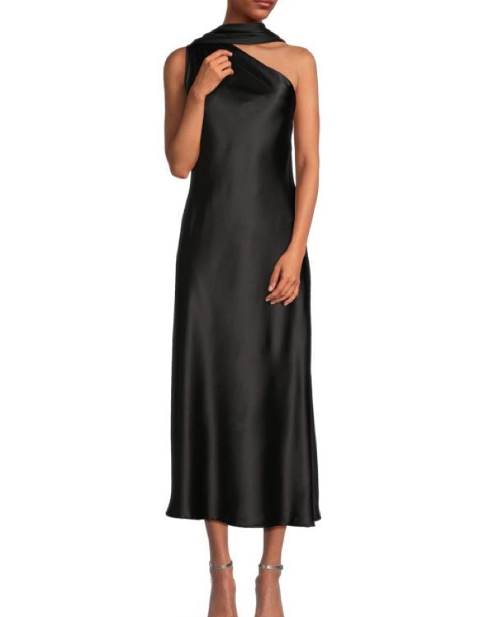 renee c one shoulder satin dress One Shoulder Satin Maxi Dress with Scarf Detail
