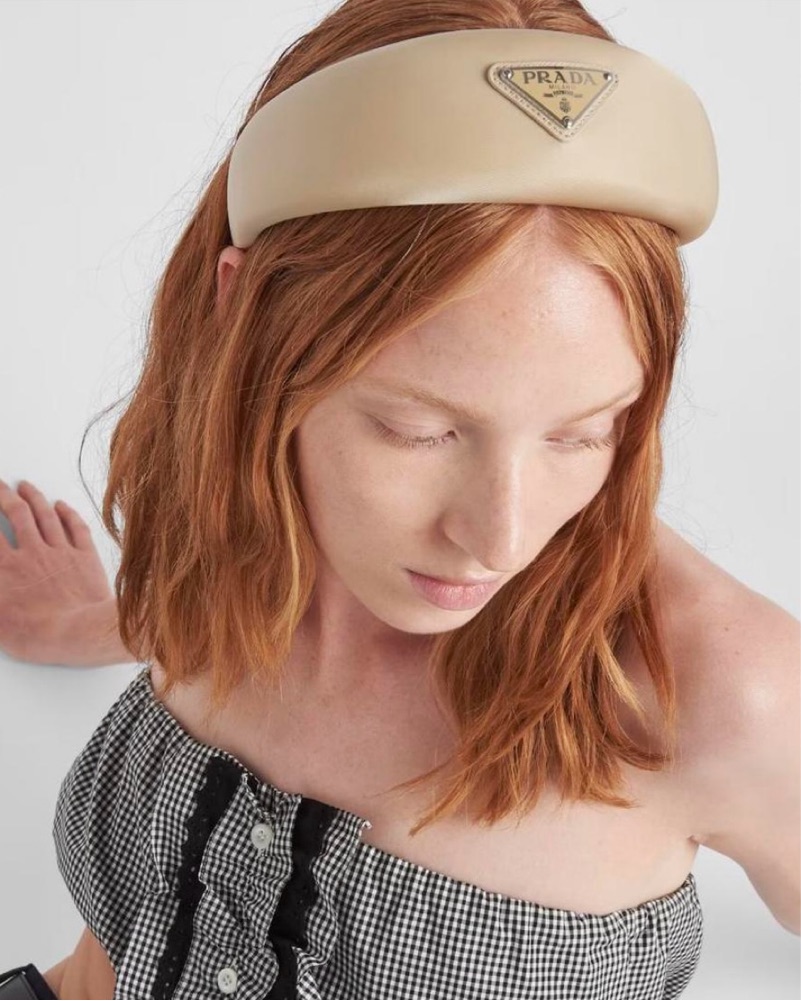 $575 Tan Nylon Prada Headband by Prada - Pickle