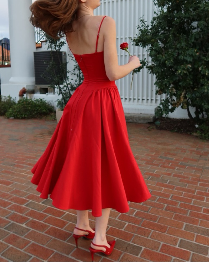 house of cb red midi dress 'Samaria' Red Gathered Midi Dress