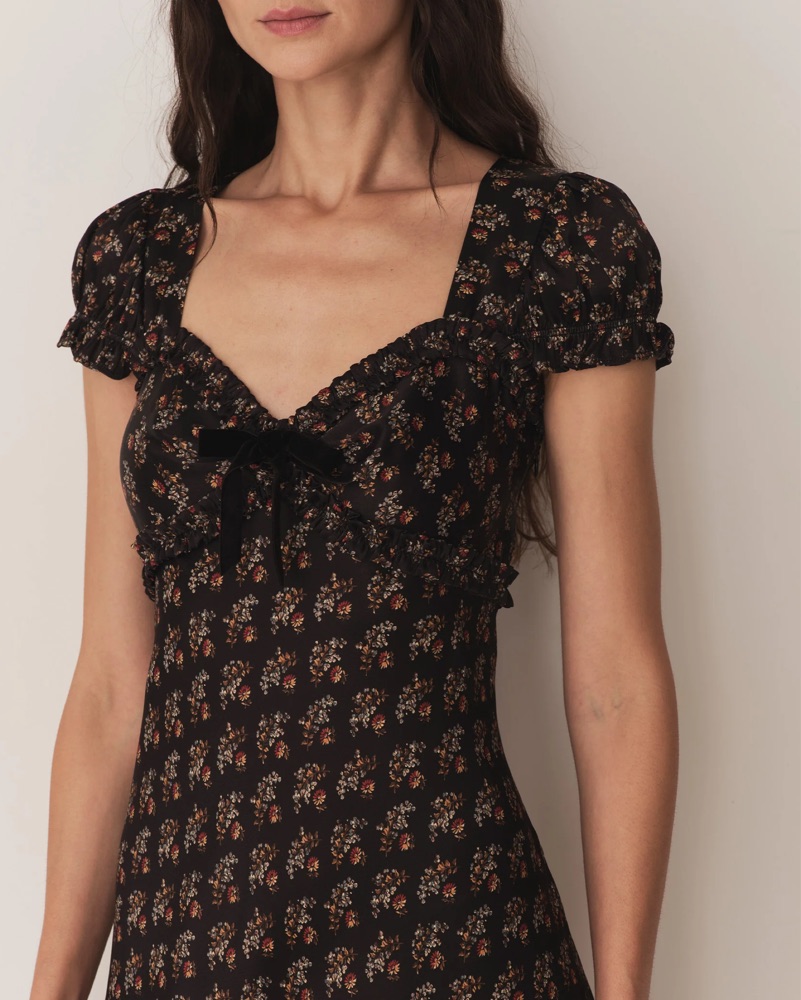doen black floral dress Doen Everly Tie-Neck Maxi Dress Black Floral Print Shirred Cotton Size –  Celebrity Owned main image 1