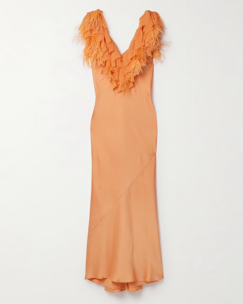 orange love shack fancy dress LoveShackFancy Manota Feather-trimmed Satin Gown in Orange