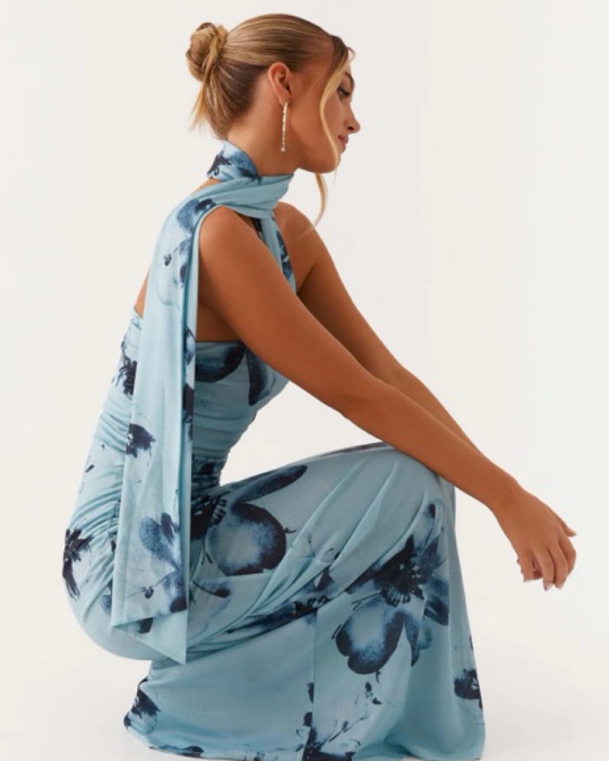 black and blue dress costume Asymmetrical Draped Floral Chiffon Gown In Black Multi main image 1