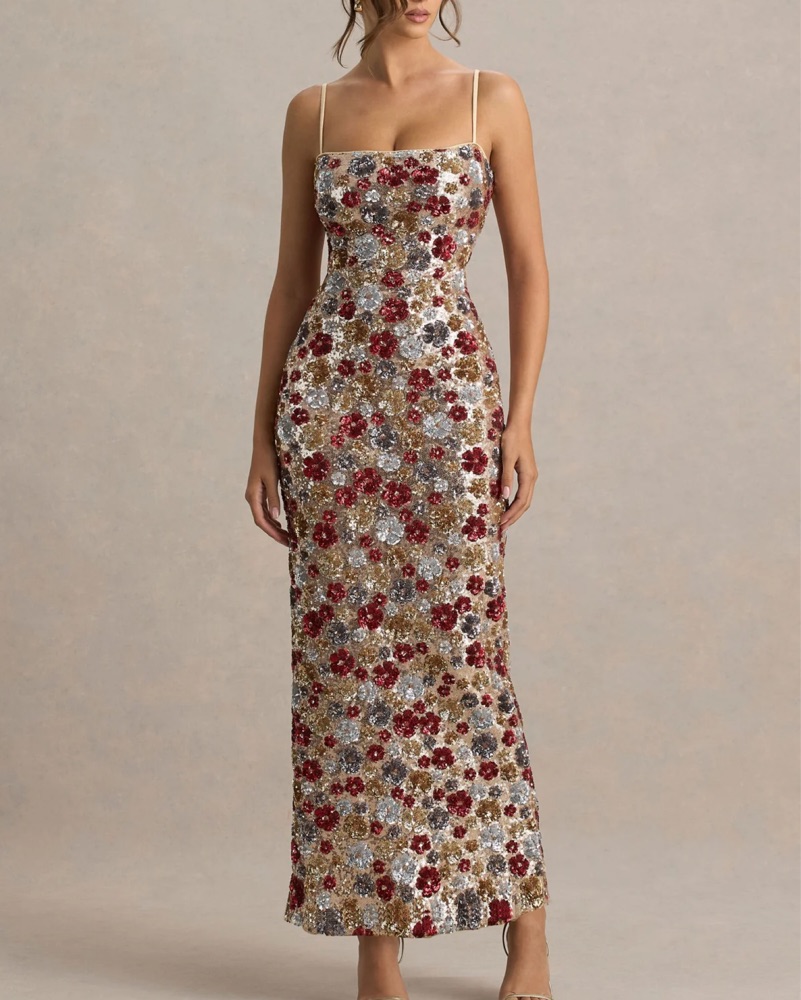 leg split maxi dress Women's Elegant Bodycon Slip Leg Split Maxi Dress