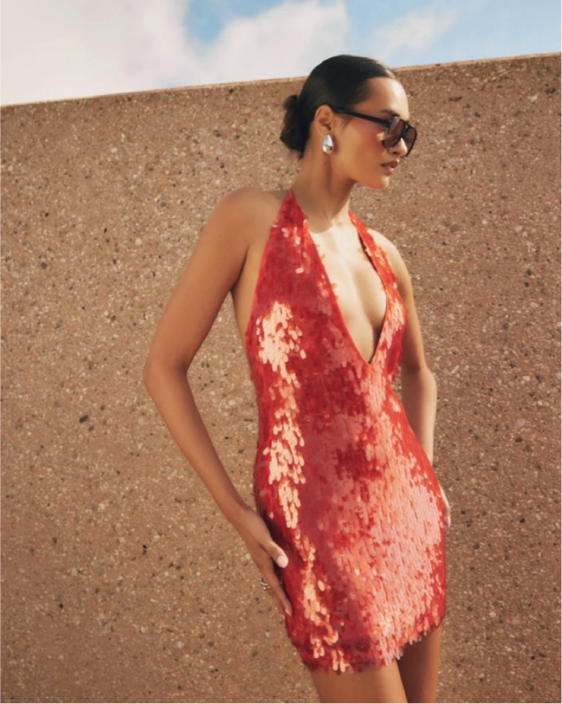 halter neck dress sequin Orange Sequin Halter Neck Open Back Dress main image 0