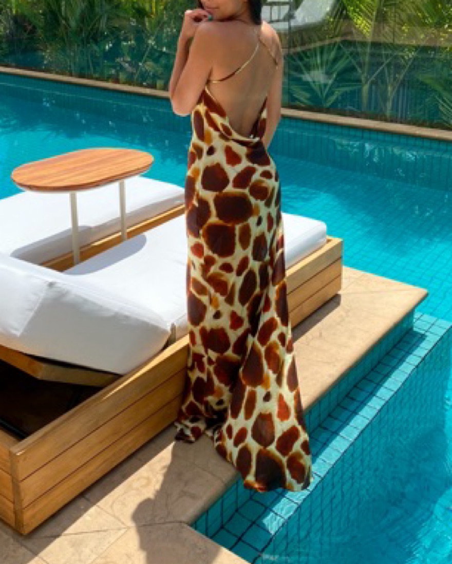 brown giraffe print dress Ainslee Square Neck Midi Dress in Black main image 0