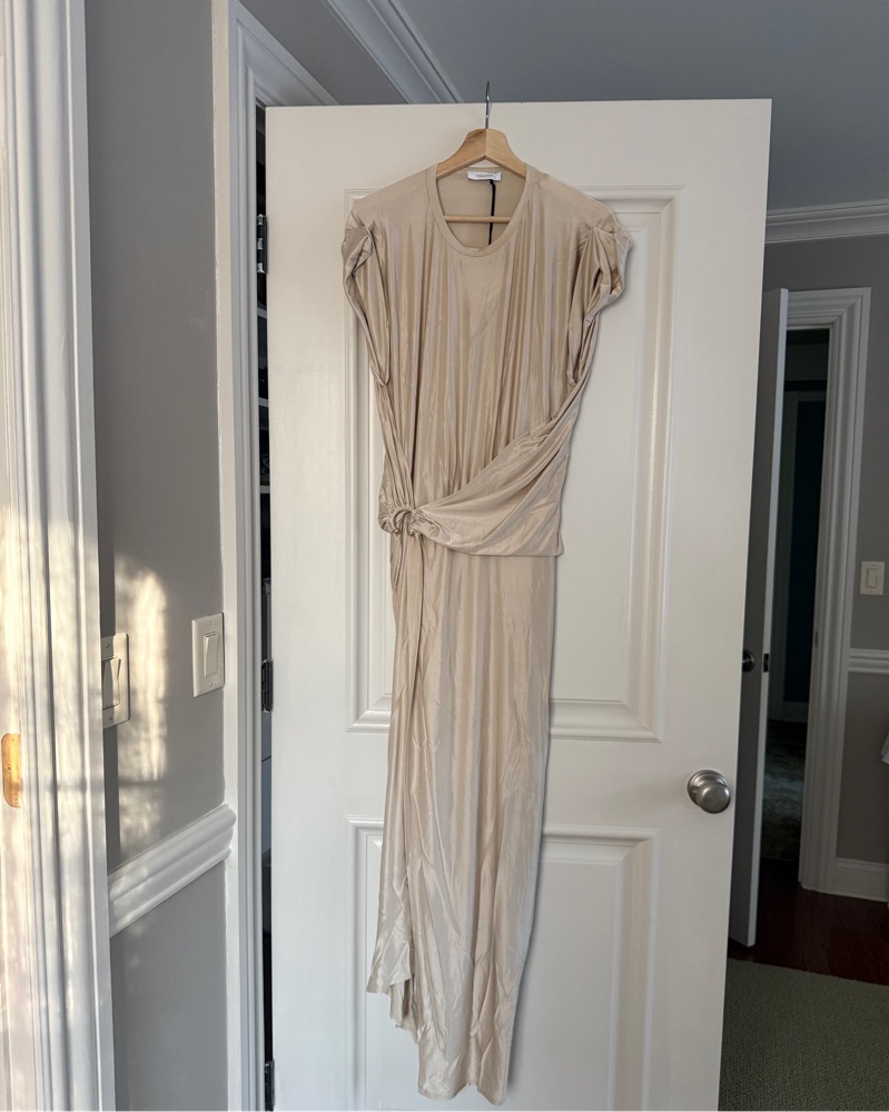 rabanne khaki draped jersey midi dress RABANNE - Draped Asymmetric Midi Dress by Paco Rabanne