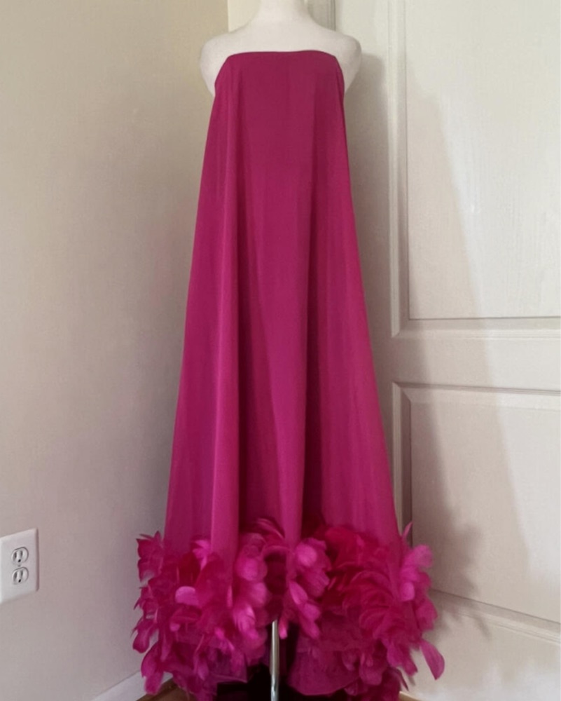 mac duggal pink feather dress Mac Duggal - Pink Strapless Flare Feather Hem Gown