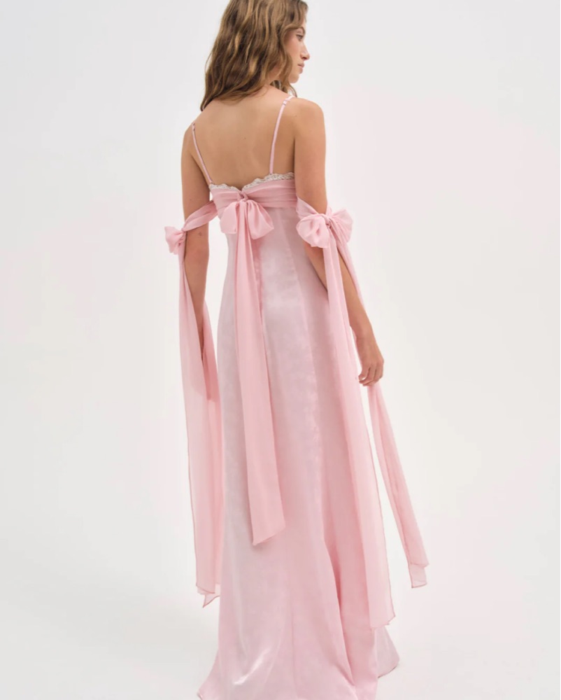 pink maxi dress with bow Beaded Floral Long Dress 57598