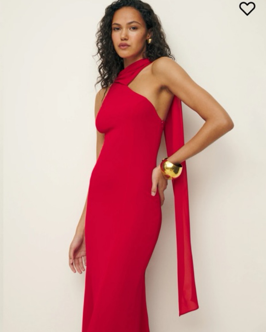 reformation rosalynn asymmetrical fitted midi dress Reformation Rosalynn Dress in Lipstick print
