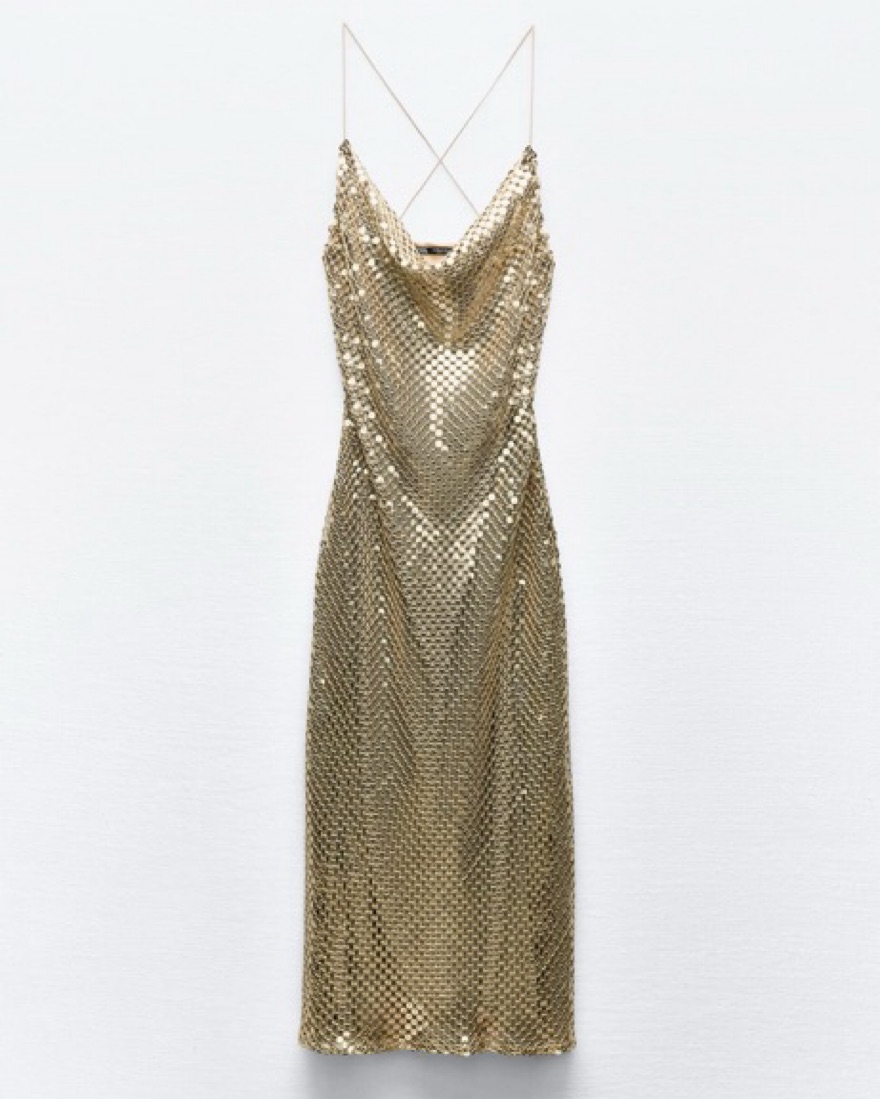 zara gold pleated dress Georgia Hardinge