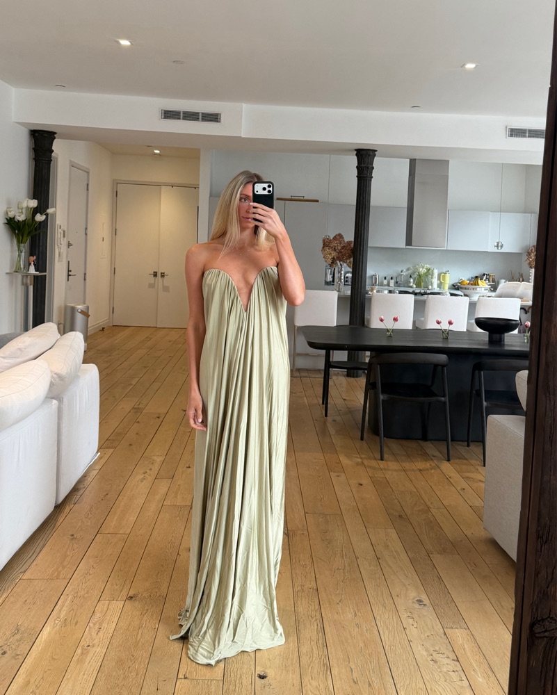 Sage Green Olivienne Strapless Gown by THE NEW ARRIVALS ILKYAZ