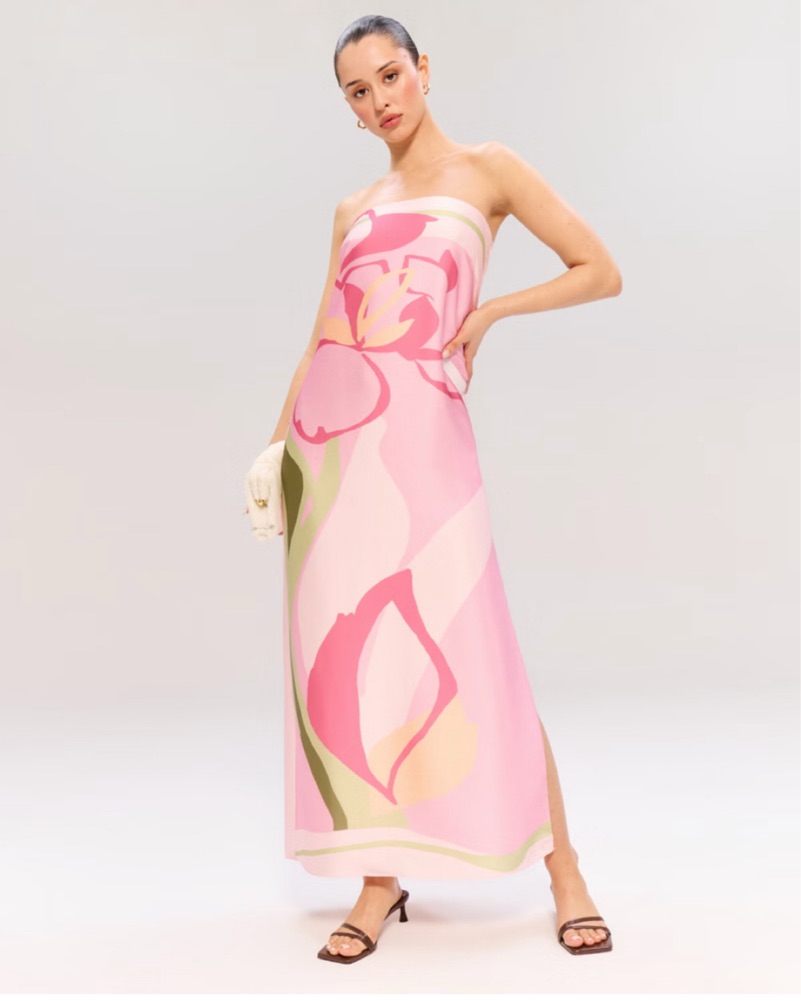 abercrombie pink maxi dress Abercrombie & Fitch flutter sleeve dipped waist maxi gown dress in pink  floral
