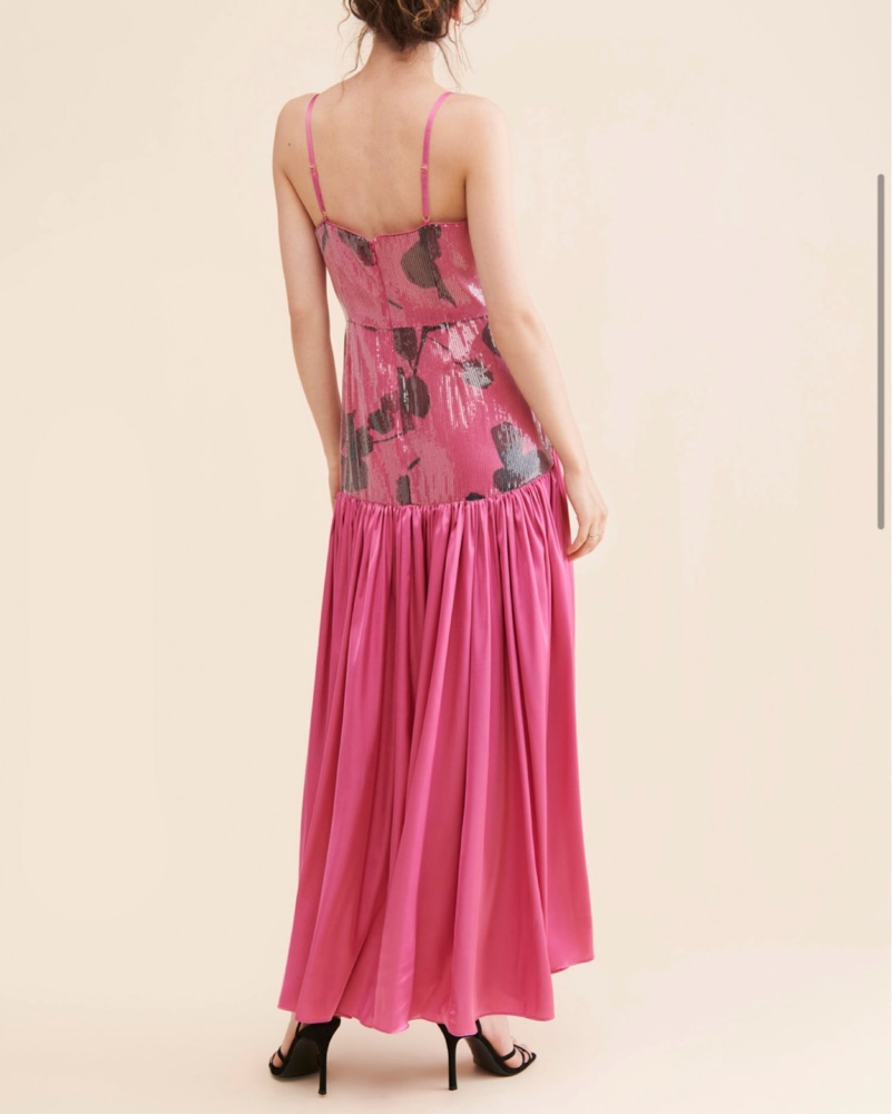 hutch pink and red dress Hutch One-Shoulder Faux-Feather Trim Maxi Dress