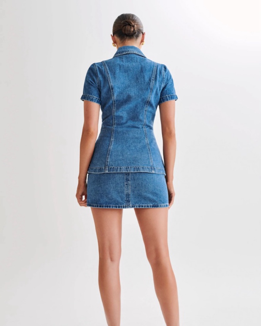 mini meshki denim dresses Cosmala Denim Long Sleeve Mini Dress - Indigo Blue
