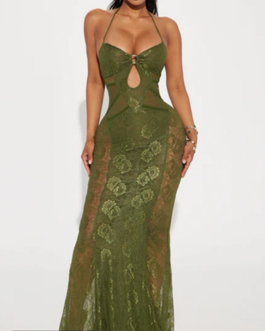 kenzie green lace cutout maxi dress Azazie Forest Green Long Sleeve A-Line Evening Dress / Gown