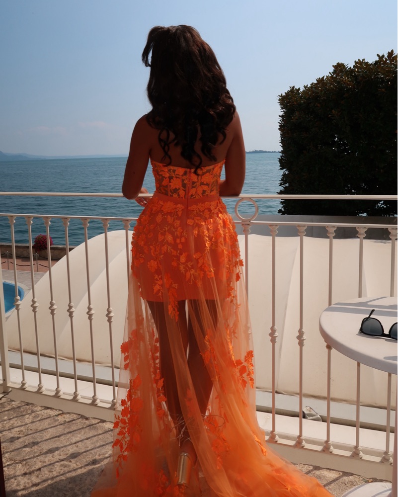fluffy prom dresses A Line V Neck Open Back Coral Lace Long Prom Dress, Fluffy Coral Lace  Formal Graduation Evening Dress A2270