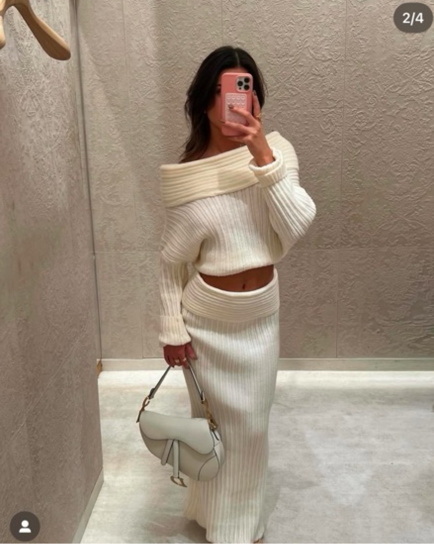 Two Piece White Knit Sweater Skirt Set | Pickle