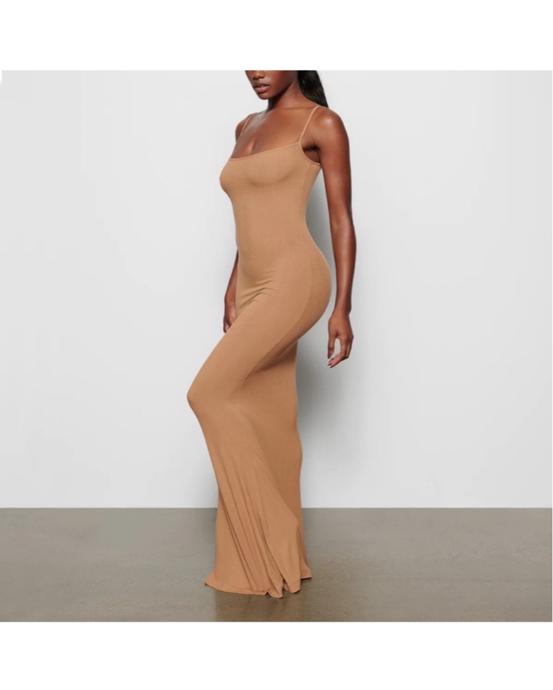skims soft lounge long slip dress Ribbed Stretch Modal Camel Brown – House Of Huntington flattering square neckline SKIMS Petite Long Slip Dress