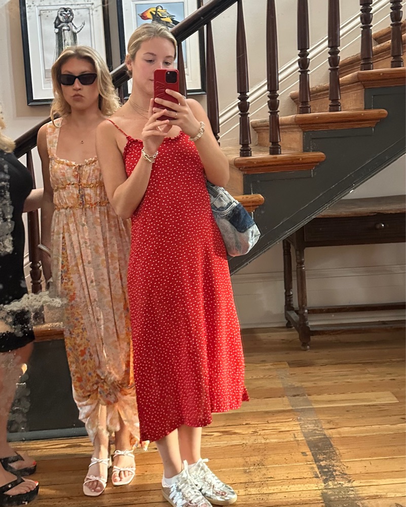 anthropologie red polka dot dress Anthropologie + Michaela Flounced Polka Dot Maxi Dress