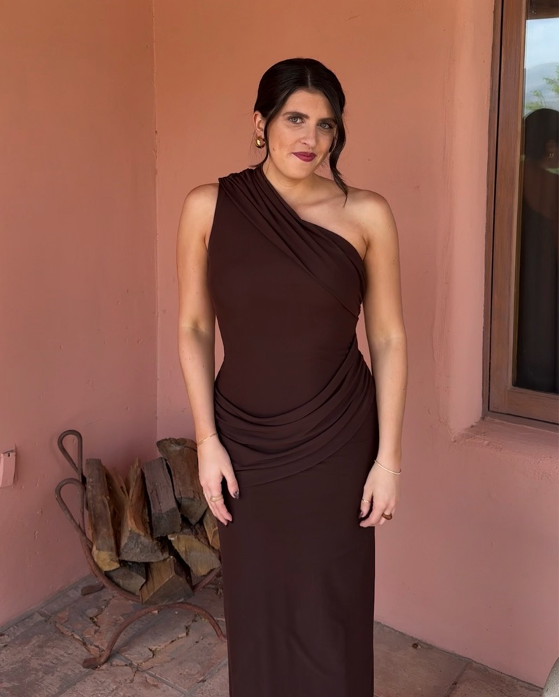 fleur maxi dress in dark brown superdown Fleur Brown One Shoulder Maxi Dress by Superdown