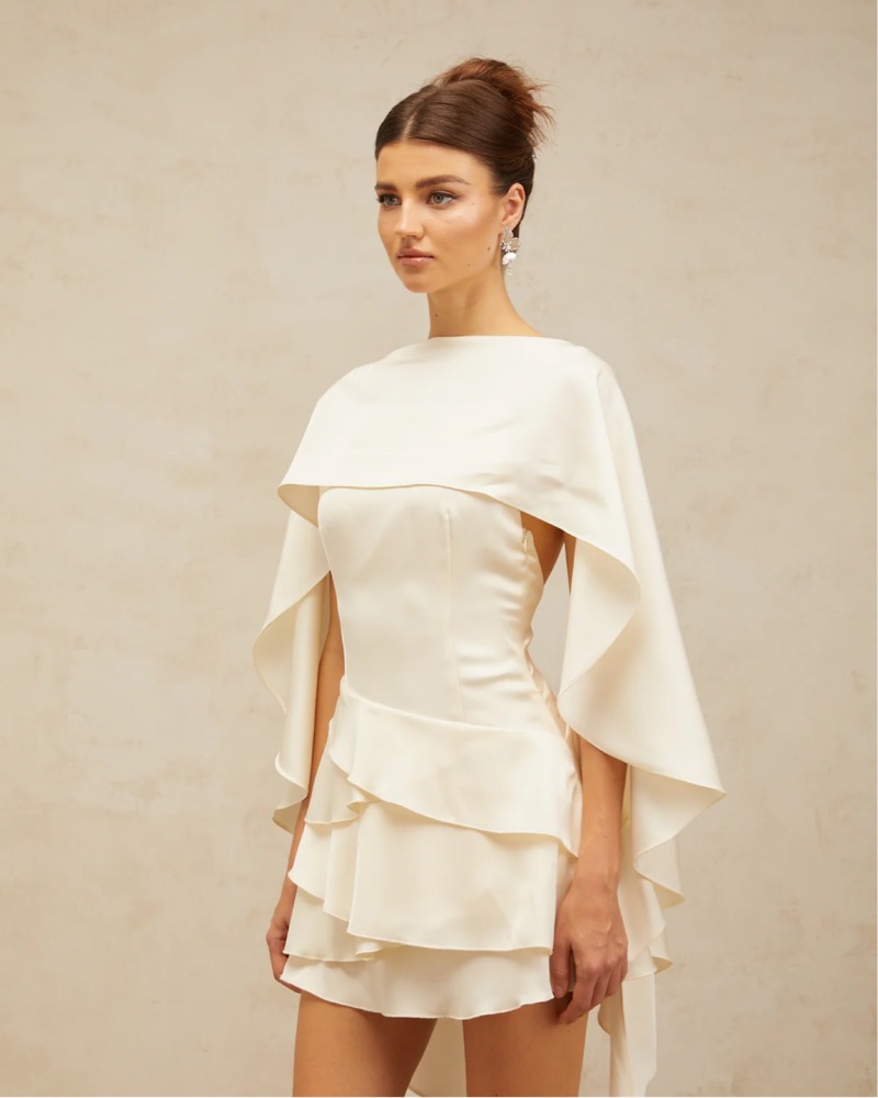 miss rosier white dress Anas semi-sheer flared mini Catherine White Asymmetrical Pleated Maxi