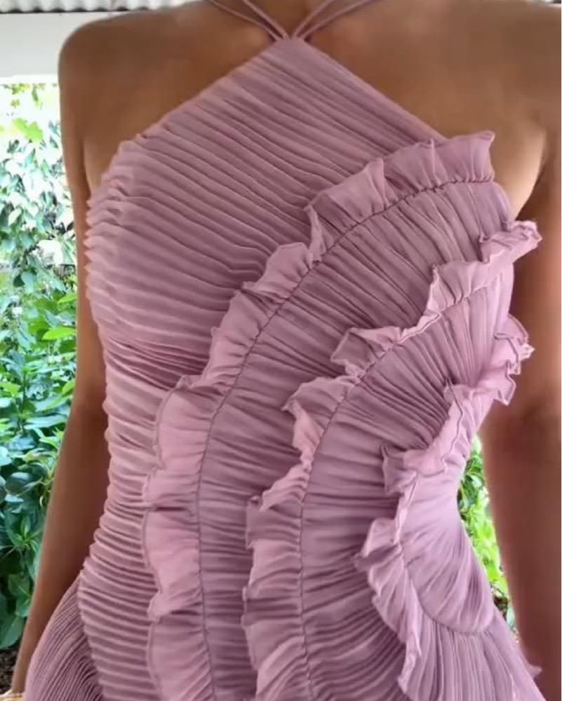 Celestine Lilac Ruffle Halter Gown by Walker & Sons - Pickle