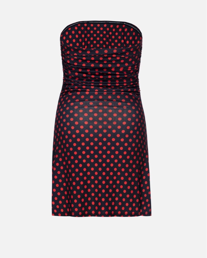 red polka dot strapless dress POLKA DOT SEQUIN STRAPLESS DRESS