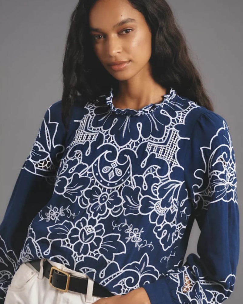 Lainie Long-Sleeve Lace Cutwork Blouse by Anthropologie - Pickle