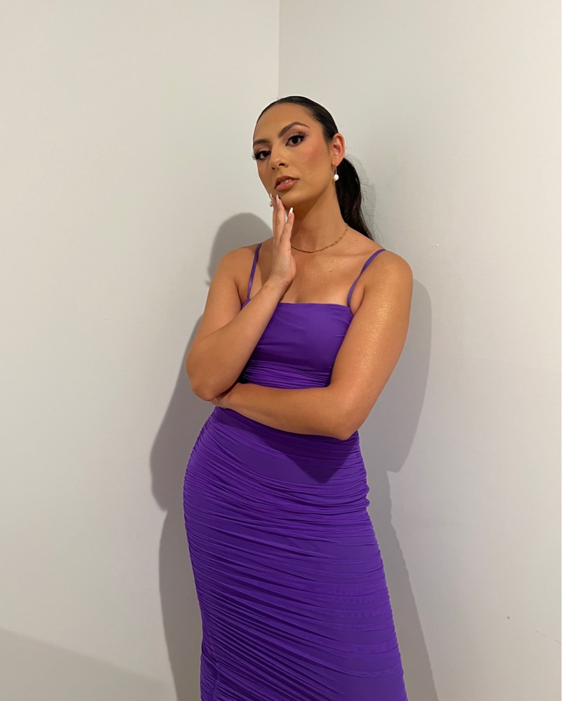 purple ruched midi dress Lavender Off Shoulder Draped Ruched Midi Dress