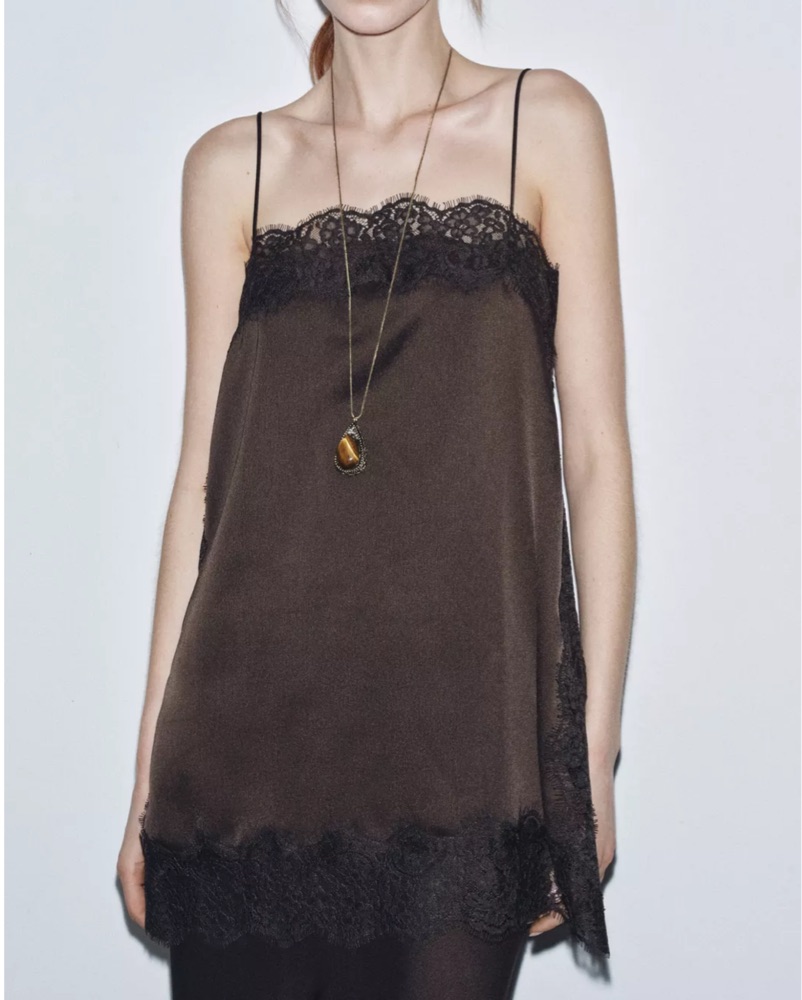 Zara Brown Satin Lace Dress by Zara - Pickle