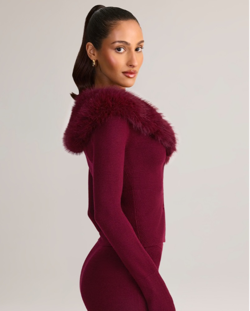 Knit Faux Fur Trim Cardigan In Wine by Oh Polly - Pickle