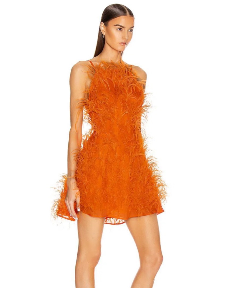 cult gaia orange feather dress Ostrich by Cult Gaia dimensional volume — Dry clean only Cult Gaia Feather Shannon Dress