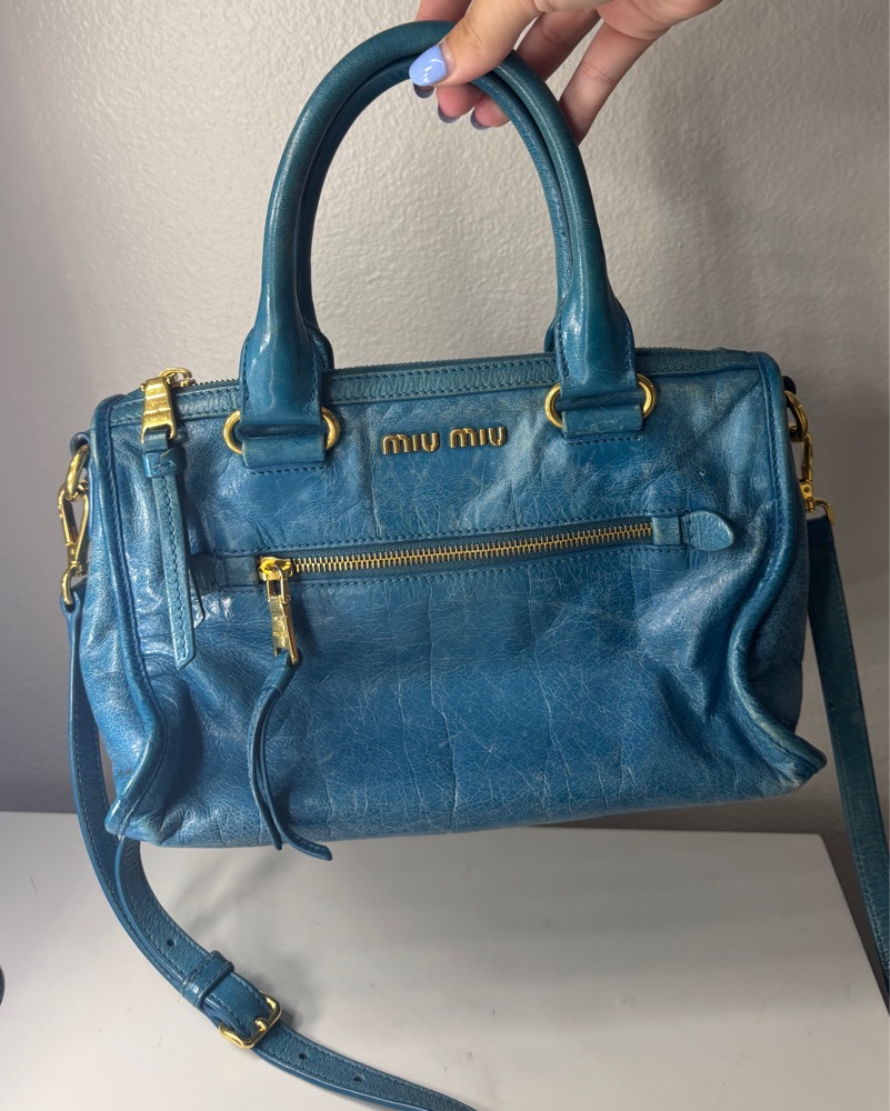 miu miu Vitello Shine 2way ターコイズブルー Miu Miu Vitello Shine 2 Way Bag by Miu Miu - Pickle