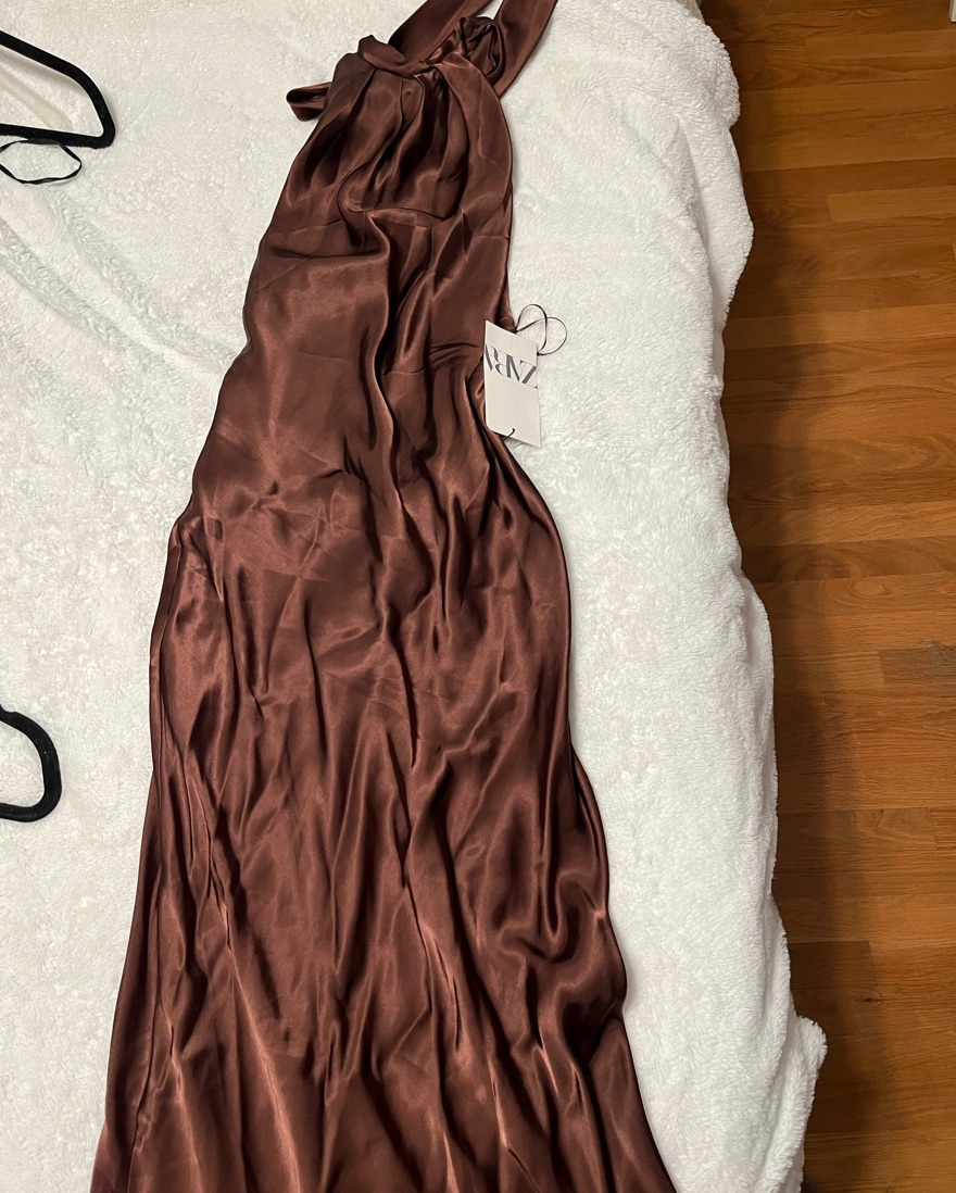 zara brown taffeta dress ZARA NEW SS24 OFF-SHOULDER CUT-OUT TAFFETA DRESS WITH BOW CLAY REF: 3600/288
