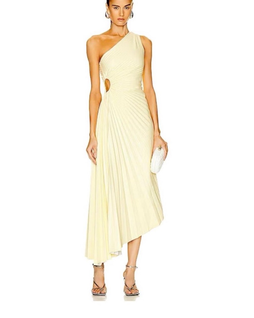 alc gold pleated dress ALC Moira Satin Pleated Maxi Dress