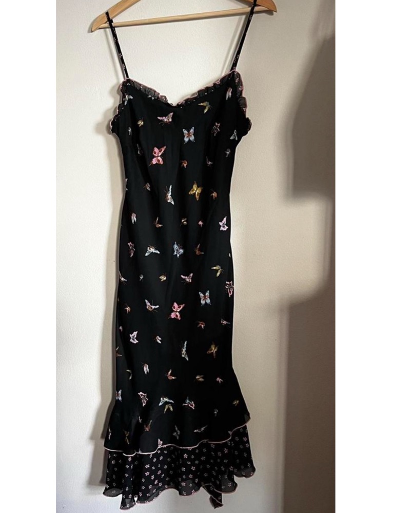 90s butterfly dress VINTAGE 90s Black Mesh CACHE Sheer BUTTERFLY Pastel Trim Ethereal Halter  Dress || Small