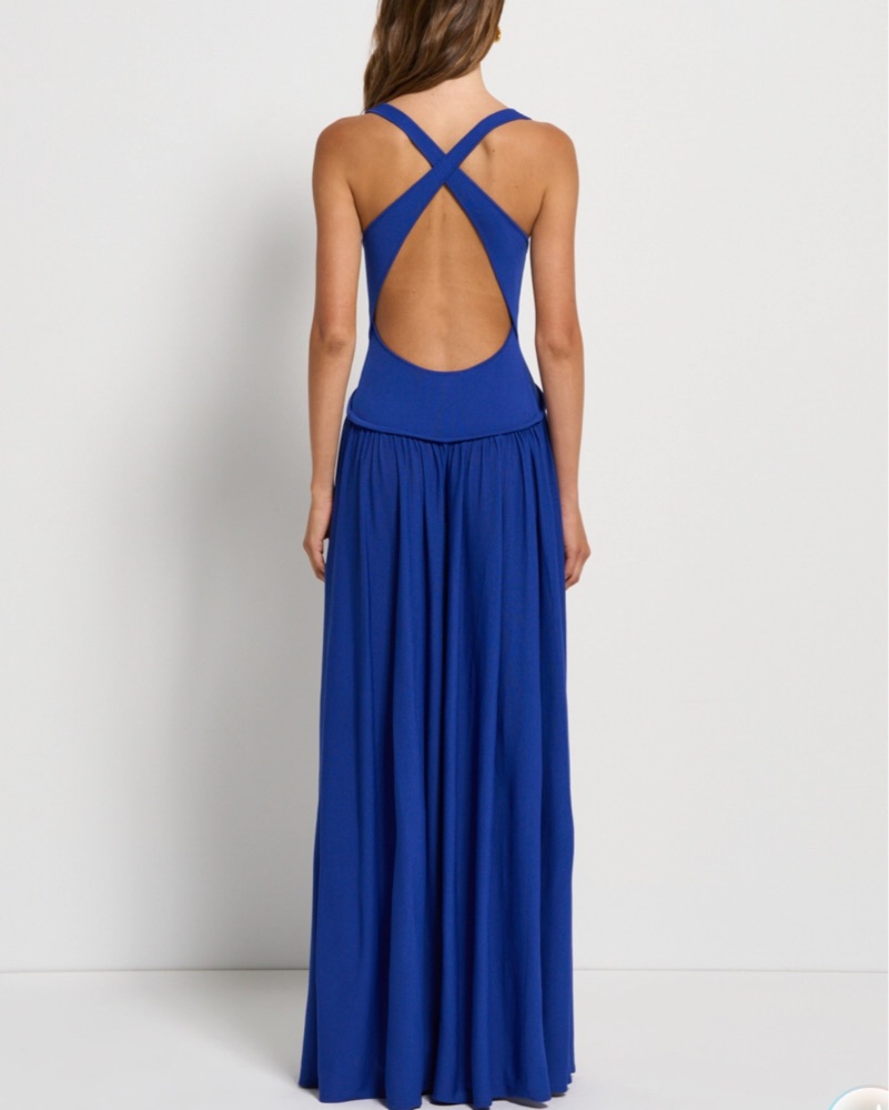 knee length dresses for ladies Kenny One Shoulder Tiered Maxi Dress Solid Blue