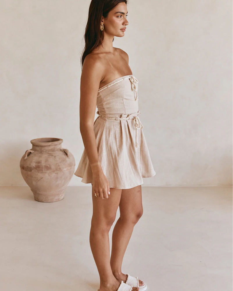 Beige Strapless Linen Dress by Sabo Skirt - Pickle