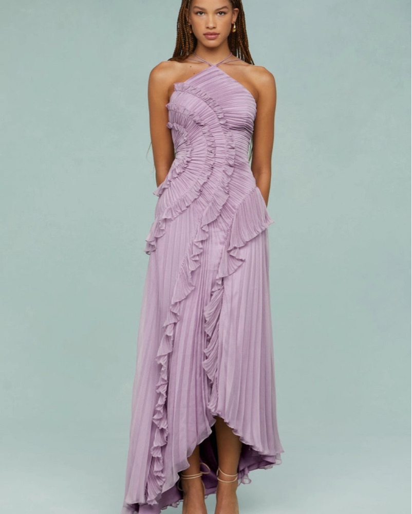 Pleated Frill Halter Maxi Dress Venisse by Venisse Boutique - Pickle