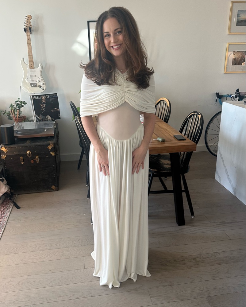 philomena jersey dress in vanilla Helsa Philomena Jersey Ruched Draped Over the Shoulder White Maxi Dress S  $528