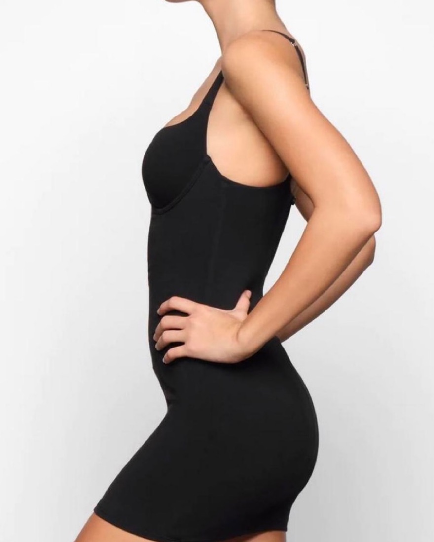 skims corset dress Skims Ultra Fine Lace Strapless Corset Maxi Dress - Onyx