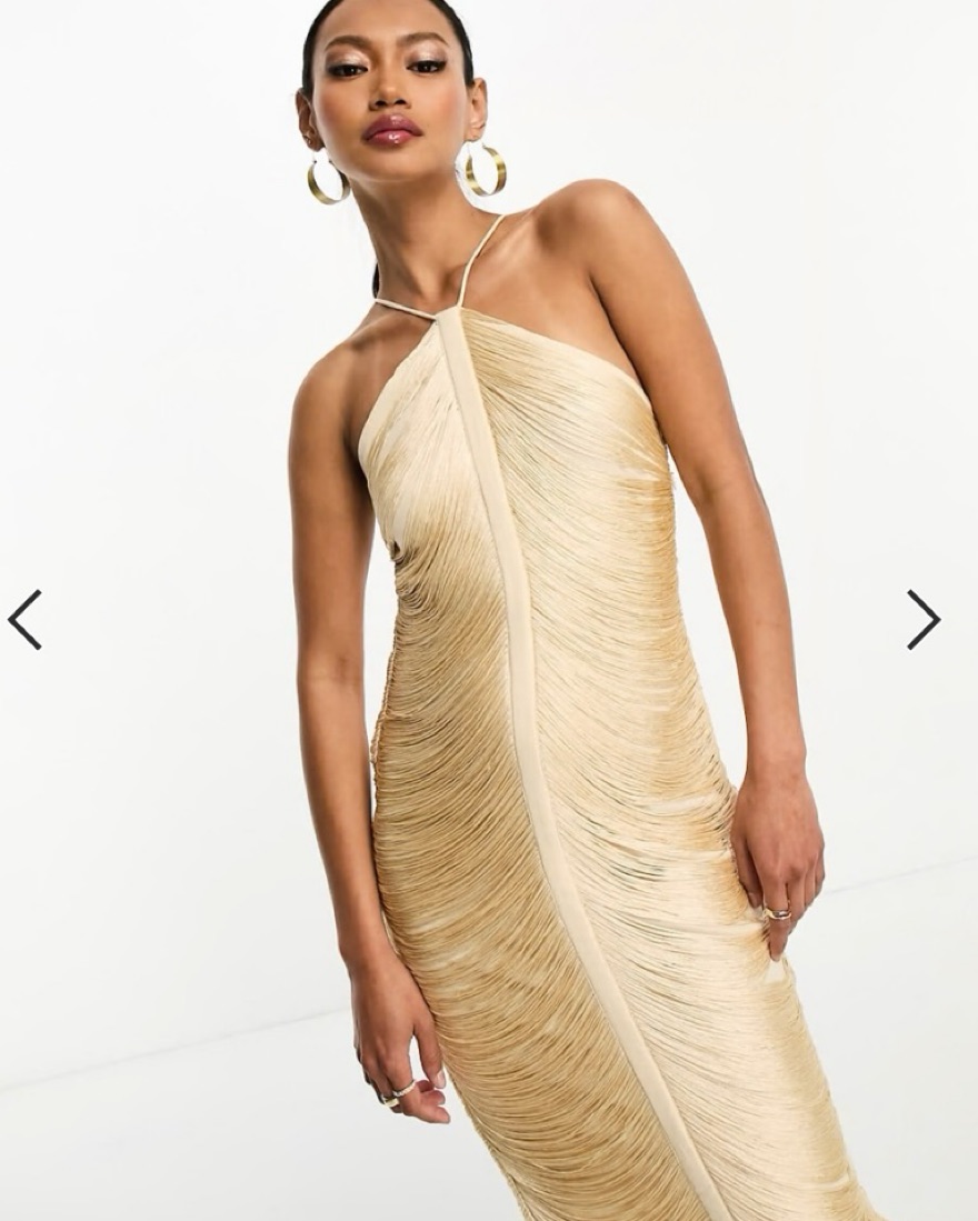 Gold Fringe Drape Halter Maxi Dress by ASOS - Pickle
