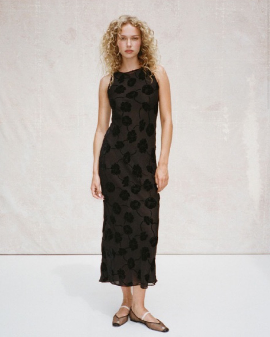 Carla Lily Devoré Noir | Black floral silk maxi dress