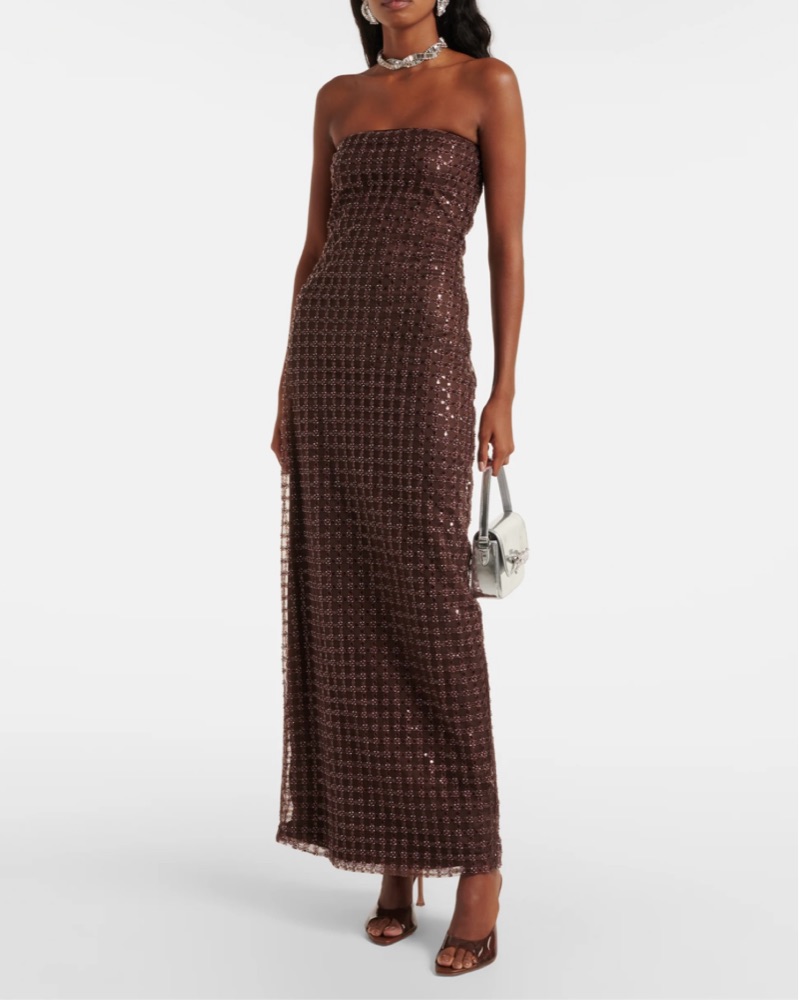 rotate brown sequin dress Rotate By Birger Christensen Sequin-embellished Puff-sleeve Midi Dress