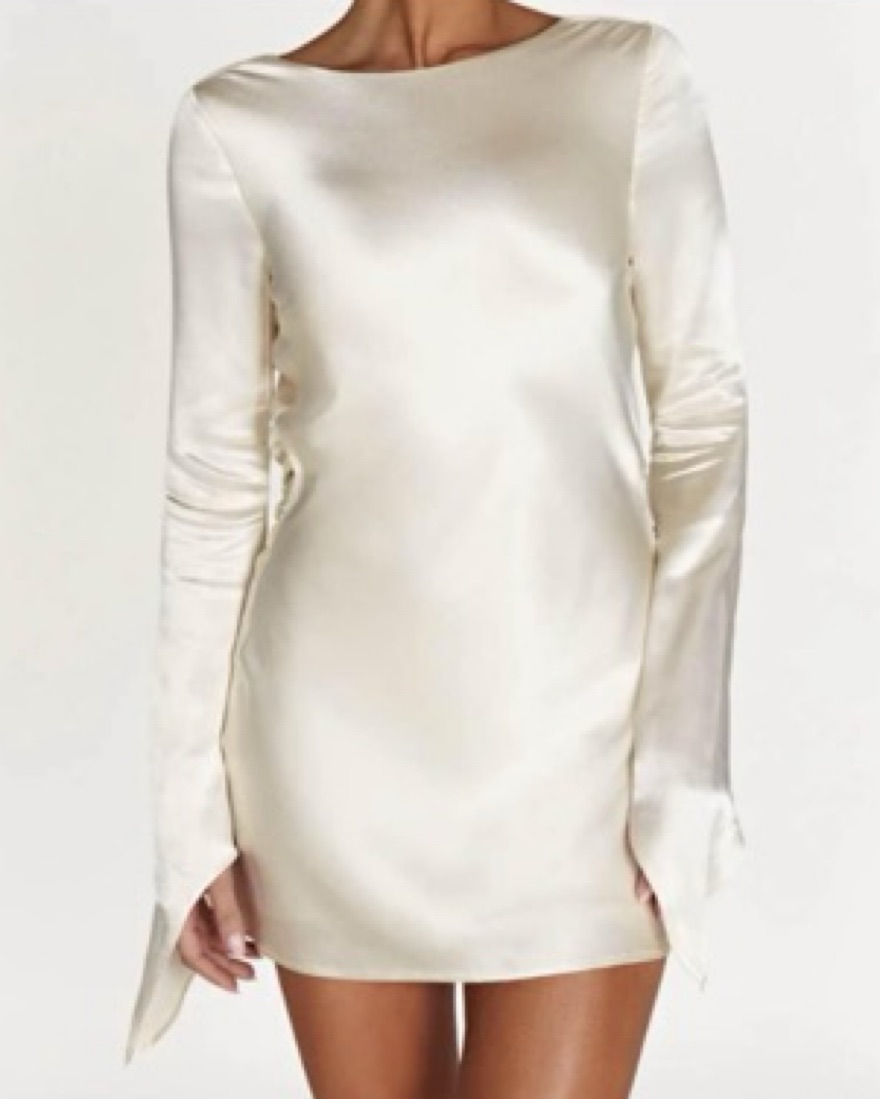 satin long sleeve short dress Silk Nights Long Sleeve Satin Mini Dress  Mermaid Way Ivory / M